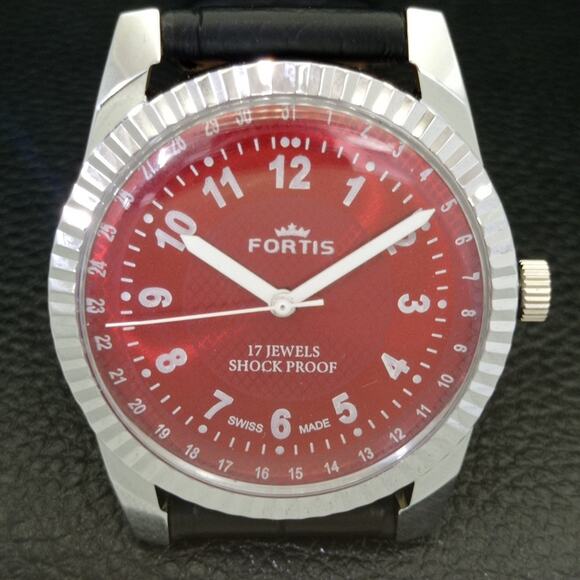 Vintage 1988 Fortis Manual Mens Silver Watch W/Leather Strap & Red accents - Picture 4 of 9